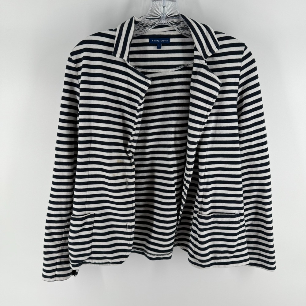 Frame Forever Knit Blazer Jacket Womens L White Black Striped Cotton Notch Lapel